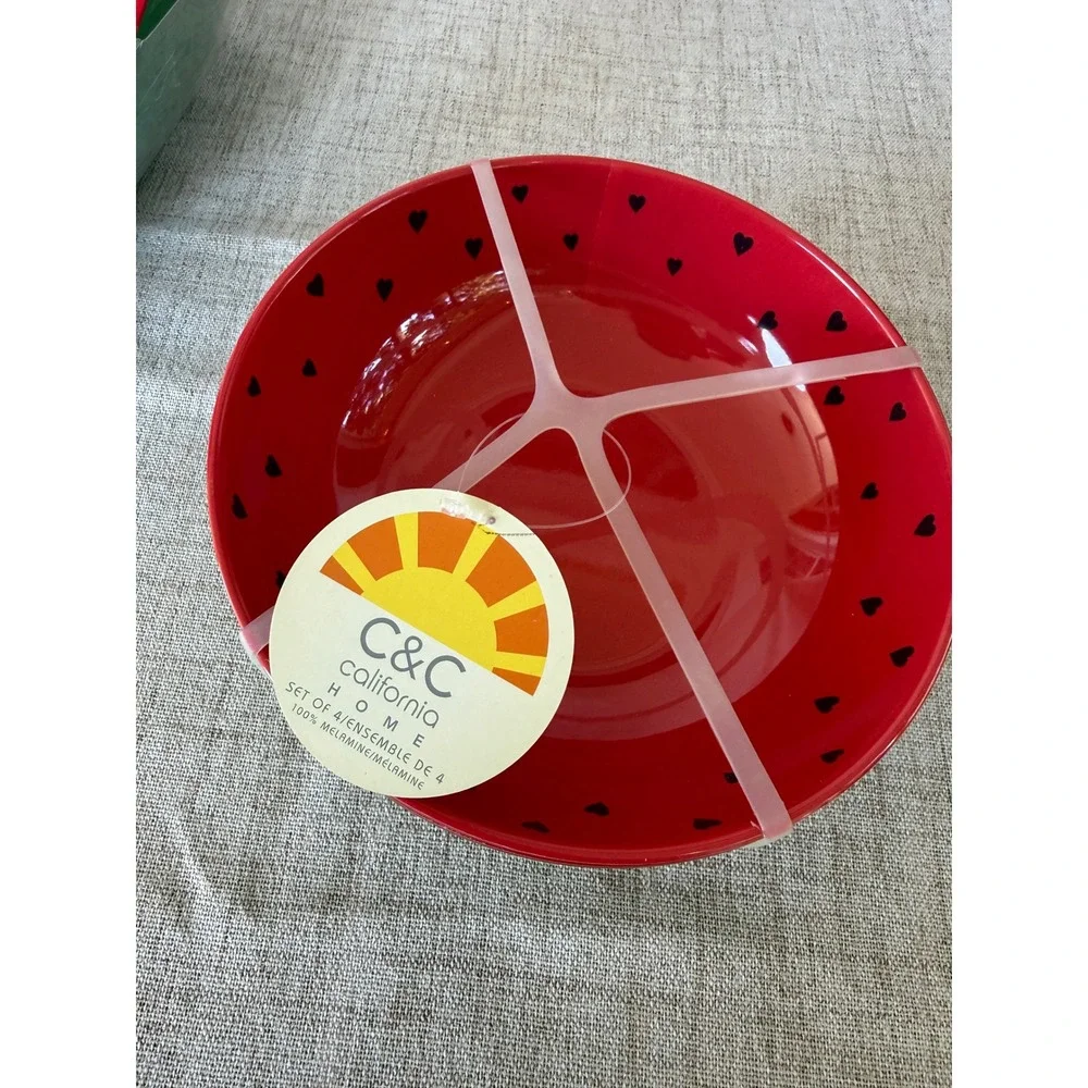 C&C California Home Melamine Bowls Set of 4 Red Green New Watermelon Hearts